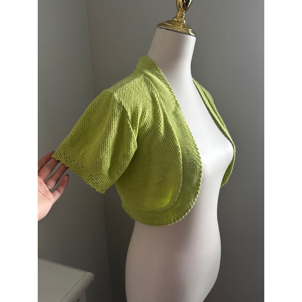 Objects D'Art Lime Green Shrug Bolero Sweater Short Sleeve Pointelle Knit USA